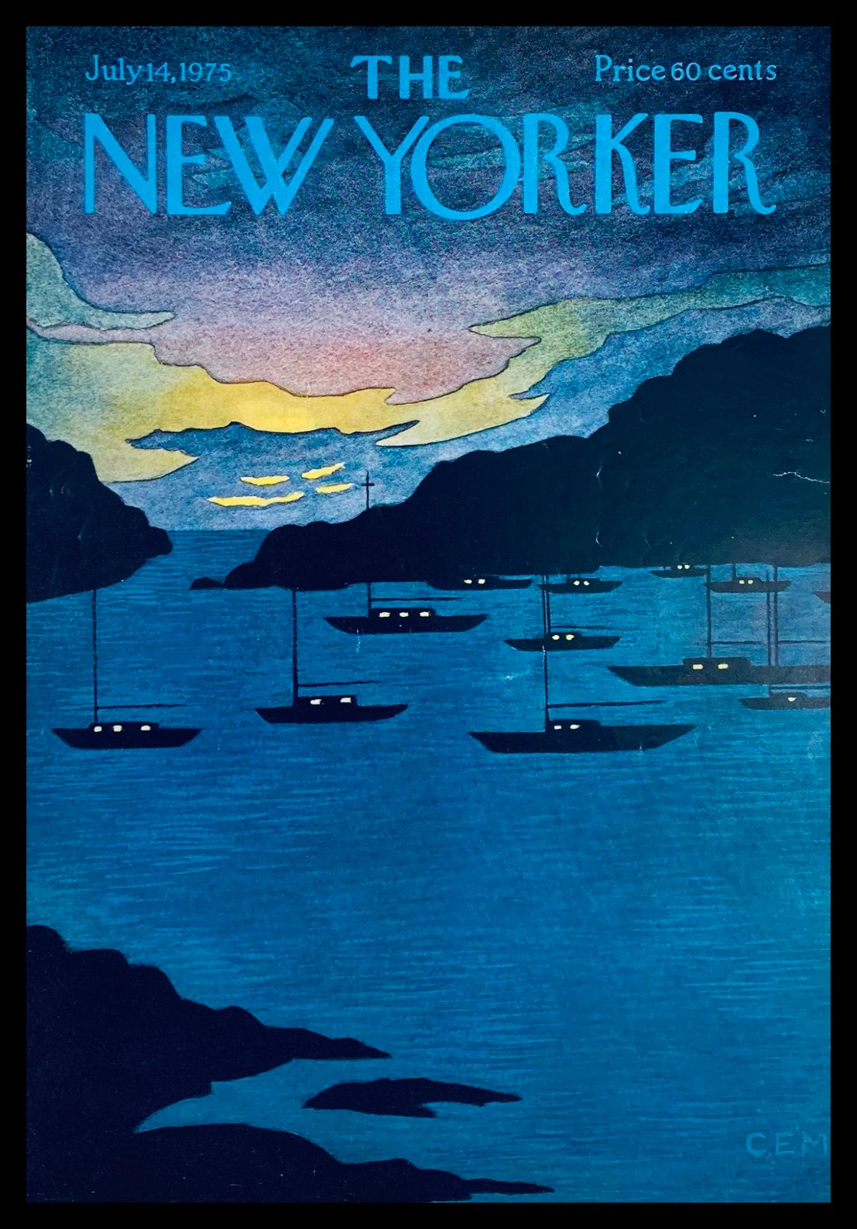 COVER ONLY The New Yorker July 14 1975 Night Boats by Charles E. Martin showcasing a serene night scene with sailboats on water, illuminated by twilight hues.