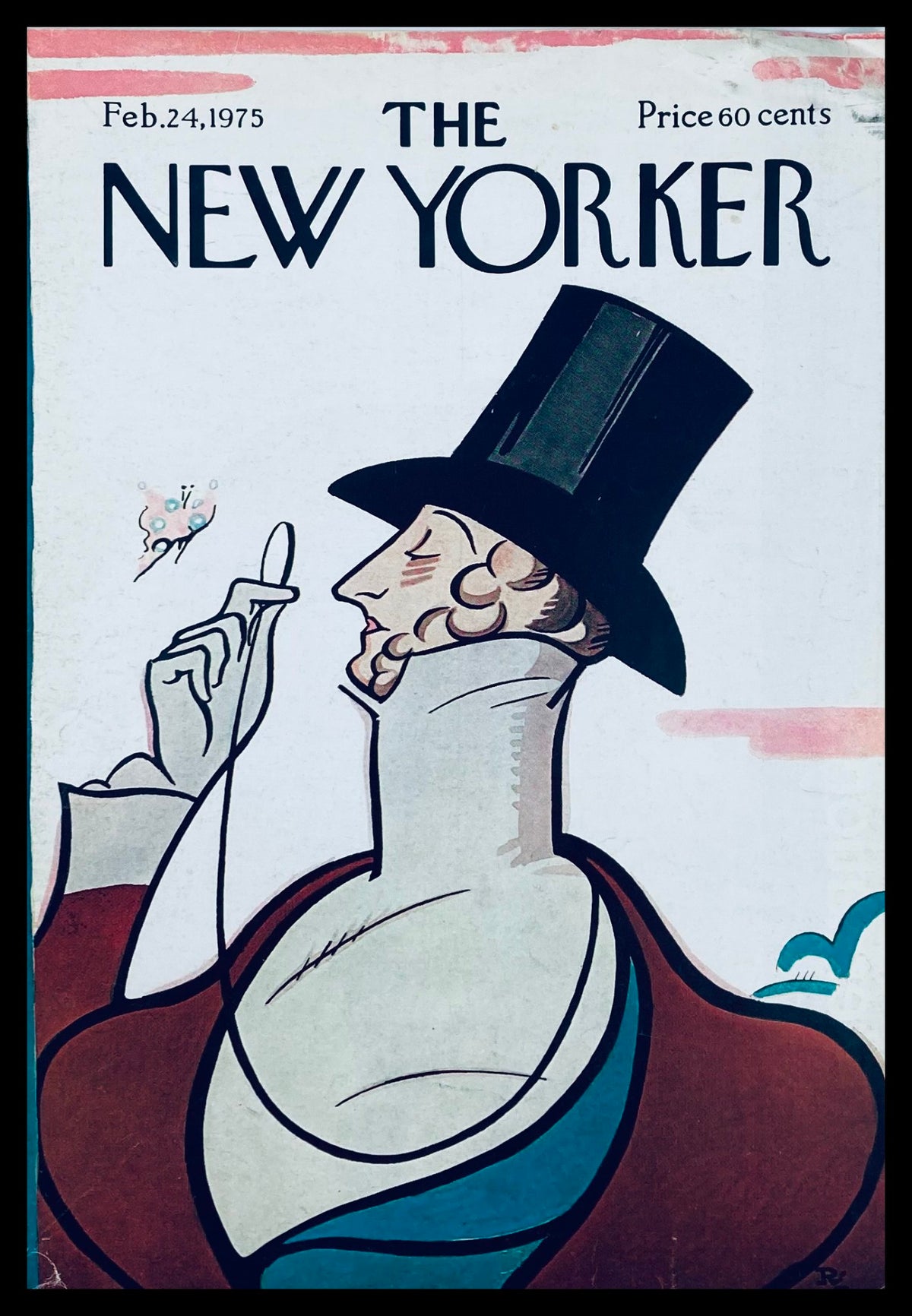 Cover art of The New Yorker magazine dated February 24, 1975, featuring an illustration titled 'Mr. Tilley' by Rea Irvin, showcasing a distinguished gentleman in a top hat with intricate details.