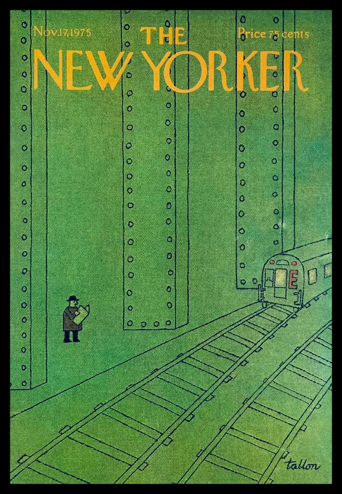 COVER ONLY The New Yorker November 17 1975 by Robert Tallon featuring a vibrant illustration of a train station with a man holding a map, showcasing intricate details and artistic style.