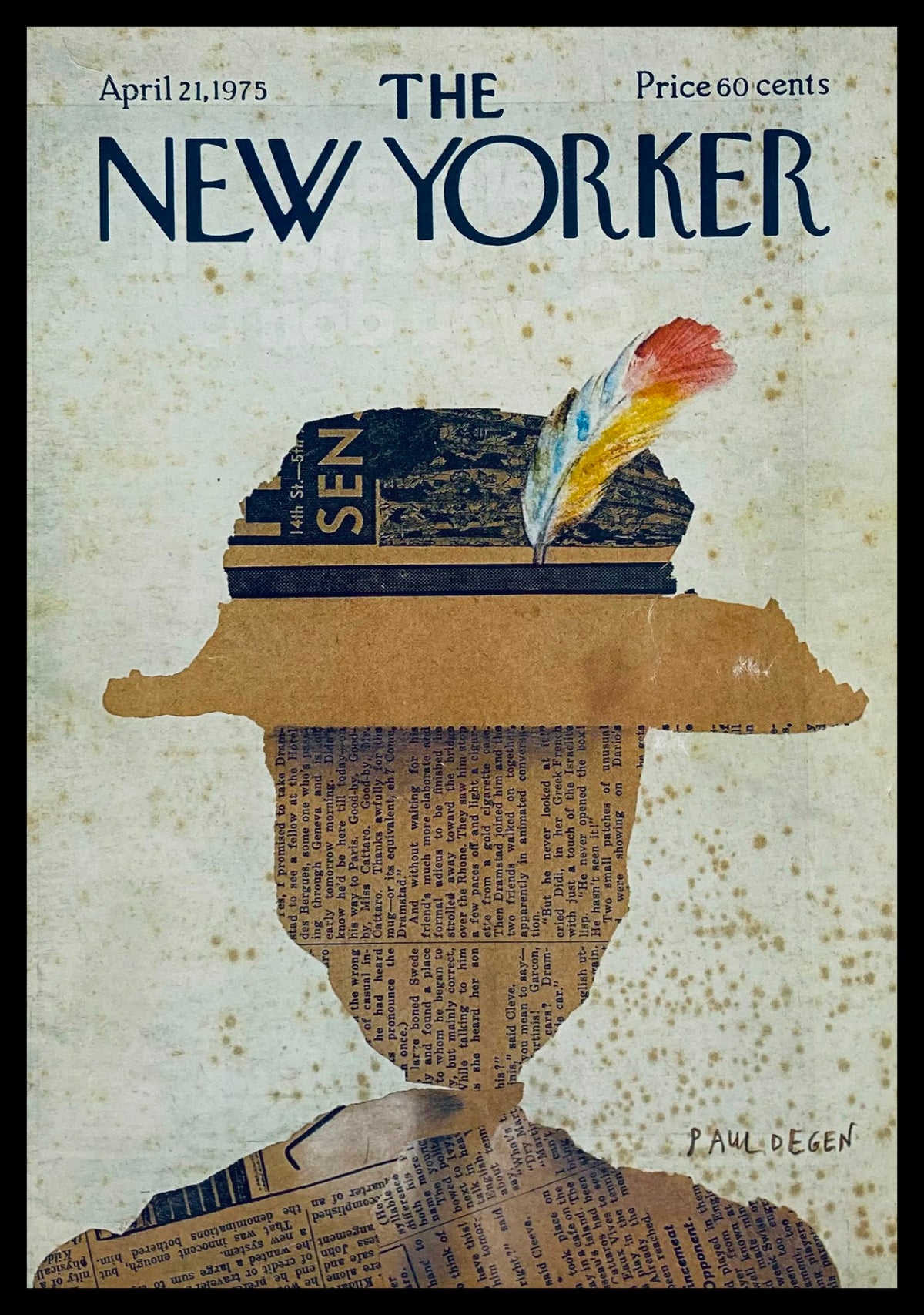 Cover of The New Yorker April 21, 1975, titled 'Priscilla, Princess of Power' by P. Degen, featuring a silhouette of a person with newspaper cut-outs and a colorful feather.