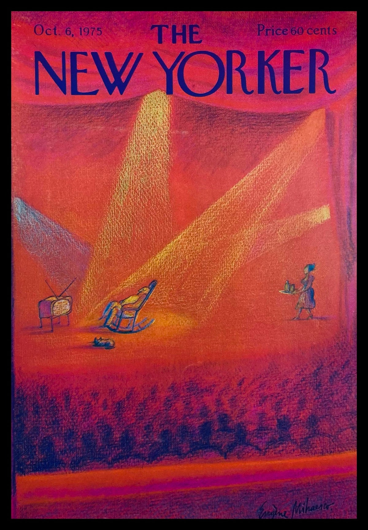 The New Yorker Cover Only from October 6, 1975, featuring a vibrant Broadway show illustration by Eugene Mihaesco, showcasing bold colors and an engaging scene perfect for collectors of vintage art.