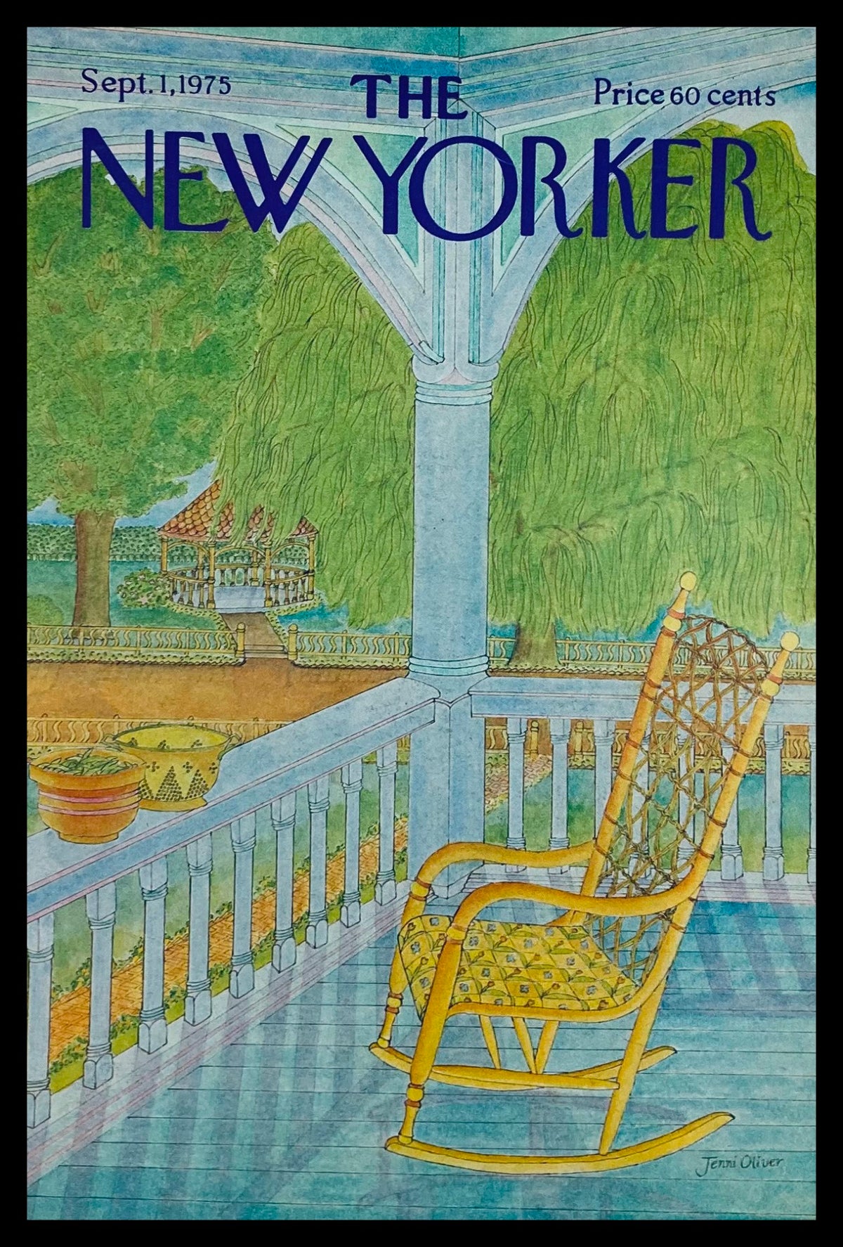 Vintage New Yorker Cover from September 1, 1975 featuring a Rocking Chair artwork by Jenni Oliver, showcasing a serene porch scene with vibrant colors and lush greenery.