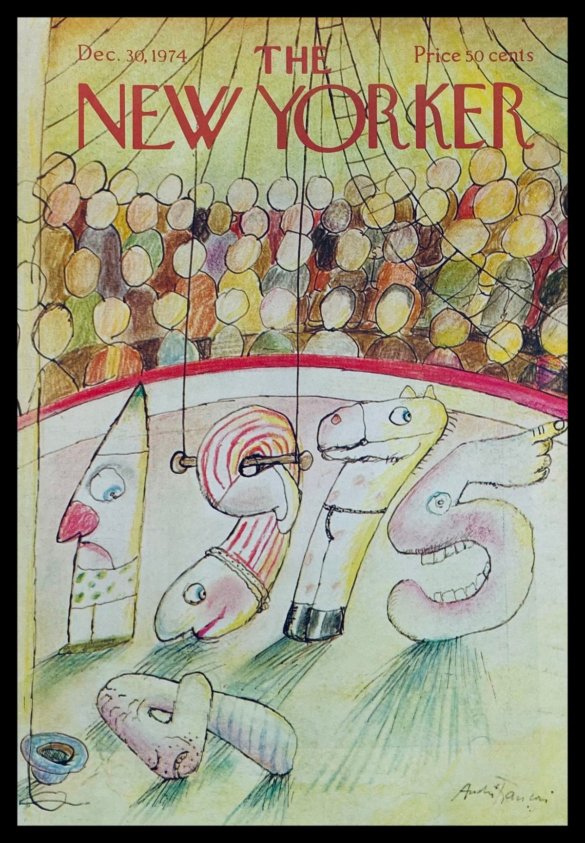 Vintage cover of The New Yorker, December 30, 1975, titled 'Welcoming 1975' by Andre Francois, featuring colorful puppets of numbers 1 to 5 in a circus setting.