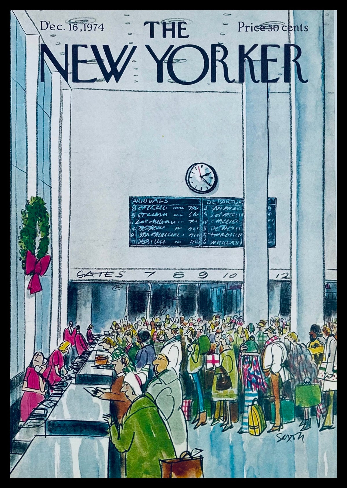 COVER ONLY The New Yorker December 16 1974 Delayed Flights by Charles Saxon featuring lively illustration of travellers at an airport with flight information board.