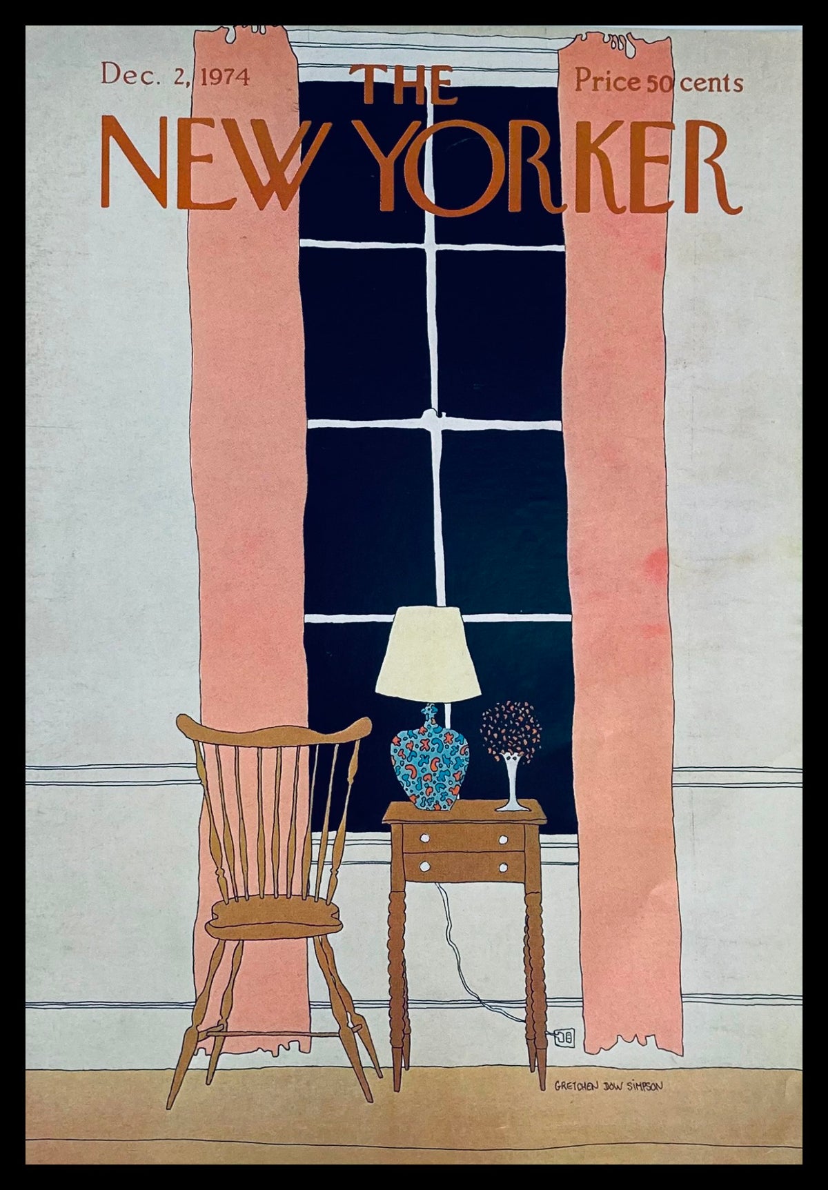 COVER ONLY The New Yorker December 2 1974 Table & Chair illustration by Gretchen Dow Simpson, featuring an elegant room with a window, a wooden chair, and a table with a decorative vase.