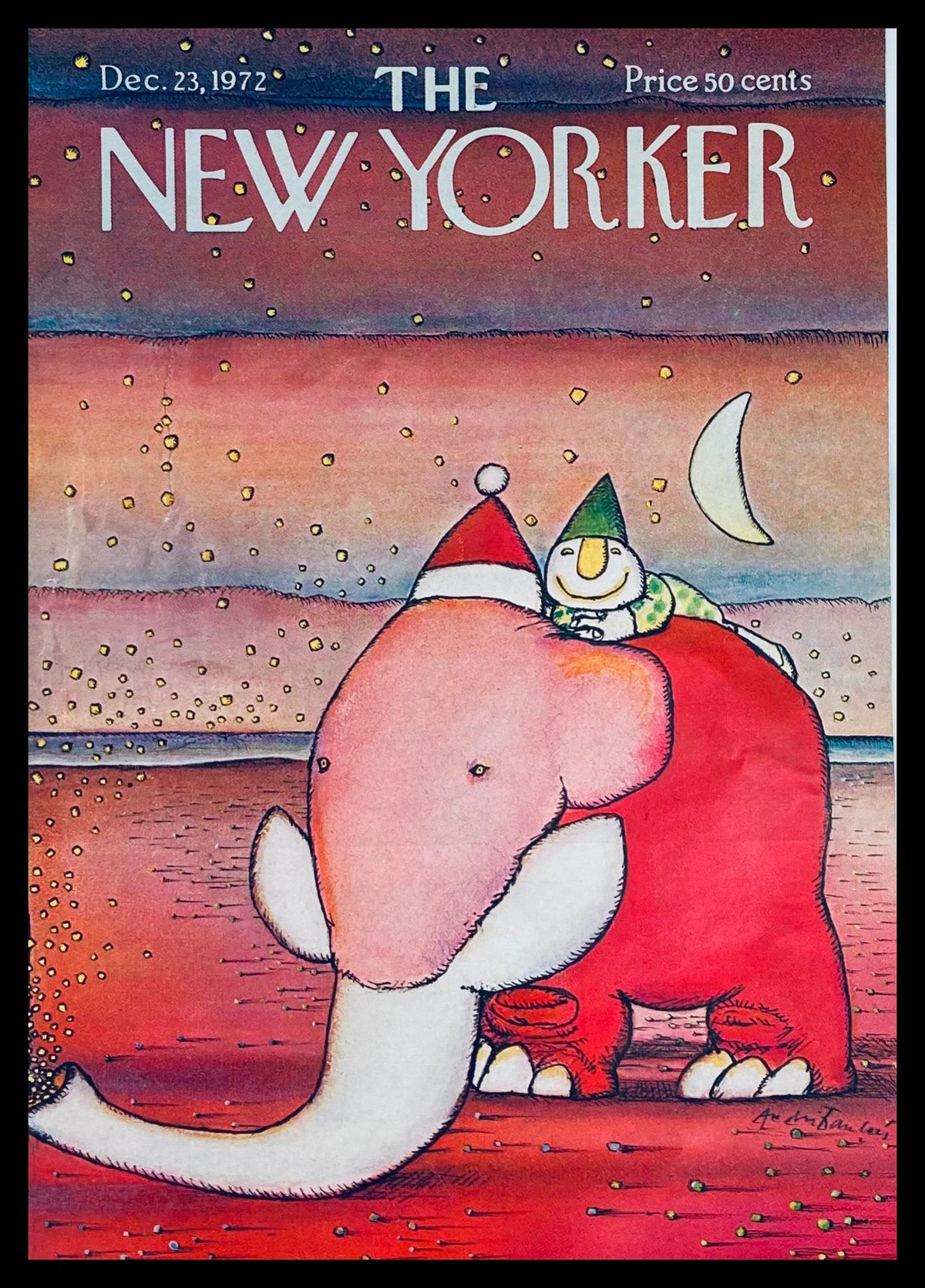 COVER ONLY The New Yorker December 23 1972 featuring a whimsical Christmas elephant illustrated by Andre Francois, adorned with a festive Santa hat, carrying a cheerful character in a party hat against a colorful winter night backdrop.