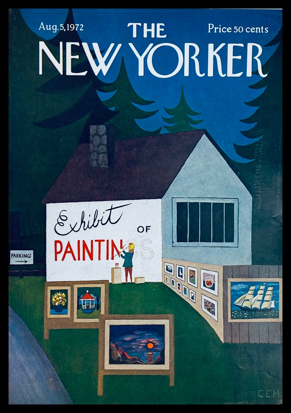 Cover of The New Yorker magazine from August 5, 1972, featuring an exhibit of paintings by Charles E. Martin, showcasing a vibrant art scene with various framed artworks displayed outside a house.