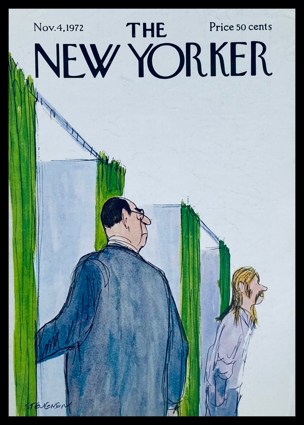 The New Yorker cover from November 4, 1972, titled 'A Hippie Votes' featuring a whimsical illustration by James Stevenson depicting a man in a suit and a hippie in a light-colored shirt.