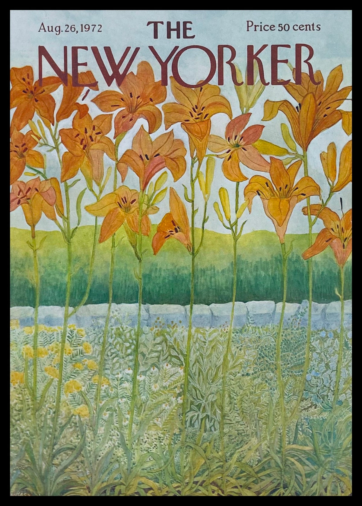 COVER ONLY The New Yorker August 26 1972 Flowers Bloom by Ilonka Karasz. This vintage magazine cover features vibrant orange lilies against a serene background, showcasing the essence of early 1970s art and culture.