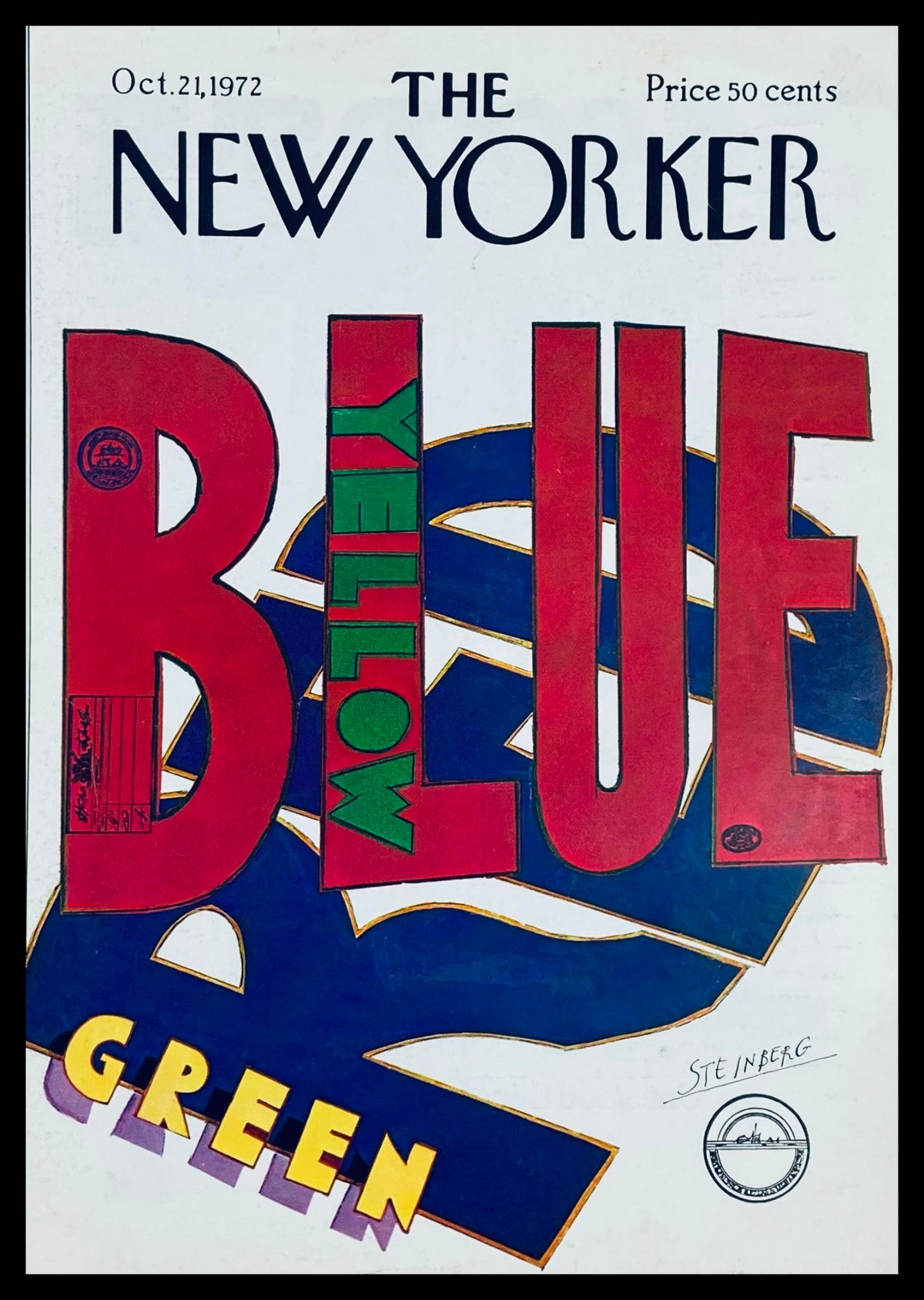 The New Yorker October 21 1972 Cover by Saul Steinberg featuring bold colors and playful typography, displaying the words 'BLUE YELLOW GREEN' against a striking background.