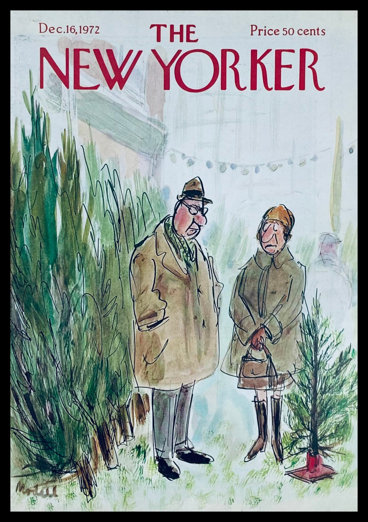 Cover of The New Yorker, December 16, 1972, titled 'Christmas Tree Dilemma' by Modell, featuring a man and woman choosing a Christmas tree surrounded by greenery.