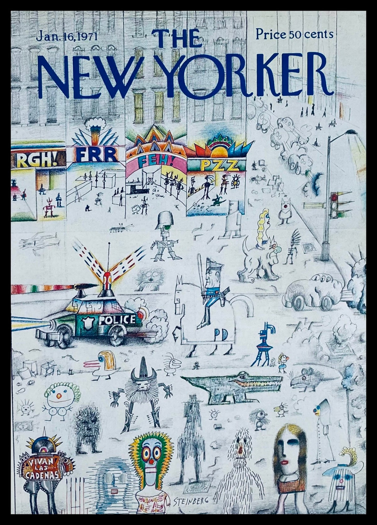 Cover of The New Yorker dated January 16, 1971, featuring the illustration 'Vivan Las Cadenas' by Saul Steinberg, depicting a whimsical cityscape with various characters and vehicles.