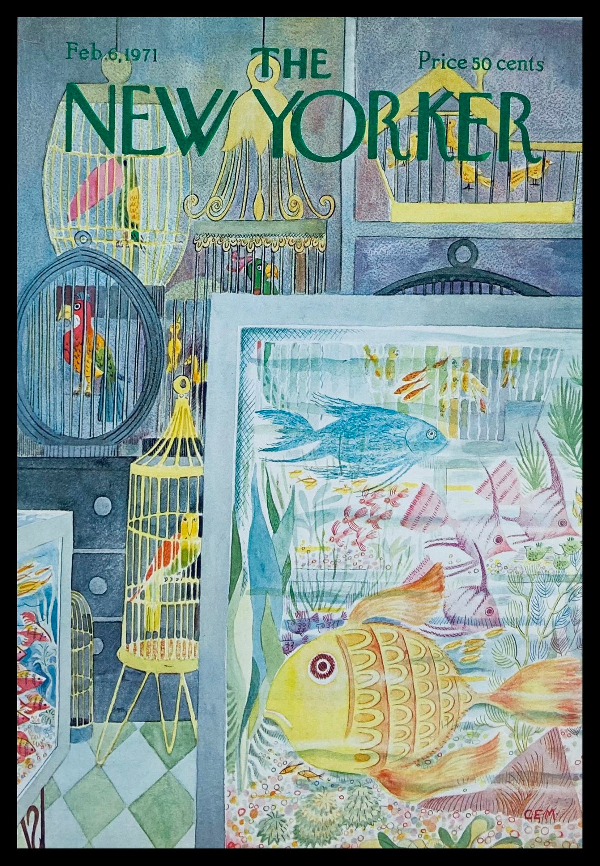 COVER ONLY The New Yorker February 6 1971 Pet Shop illustration by Charles E. Martin featuring colorful birds and fish in a whimsical pet shop setting.
