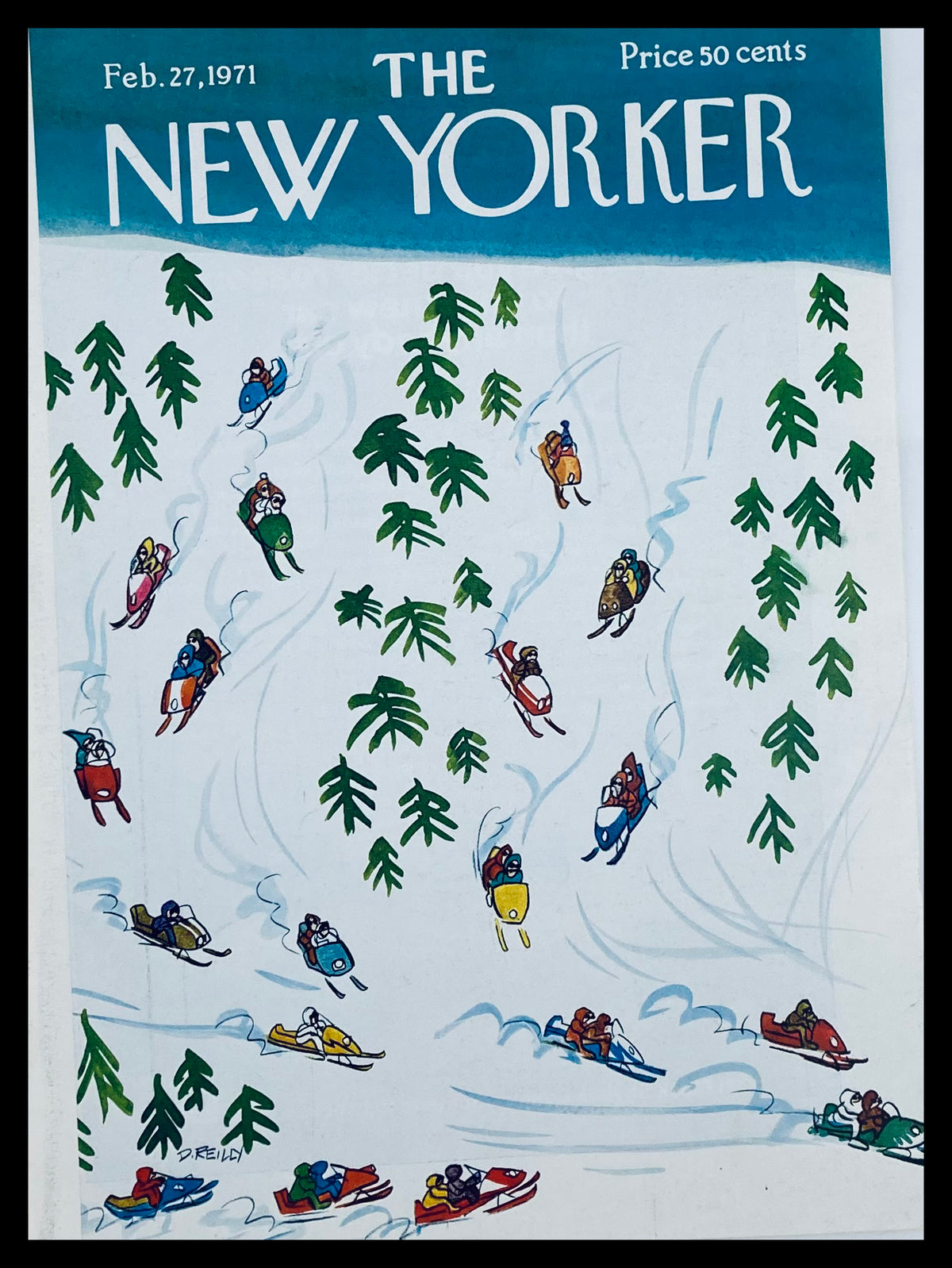 Cover only of The New Yorker from February 27, 1971, illustrating vibrant snowmobiles by artist Donald Reilly, showcasing a winter scene with colorful figures and pine trees.