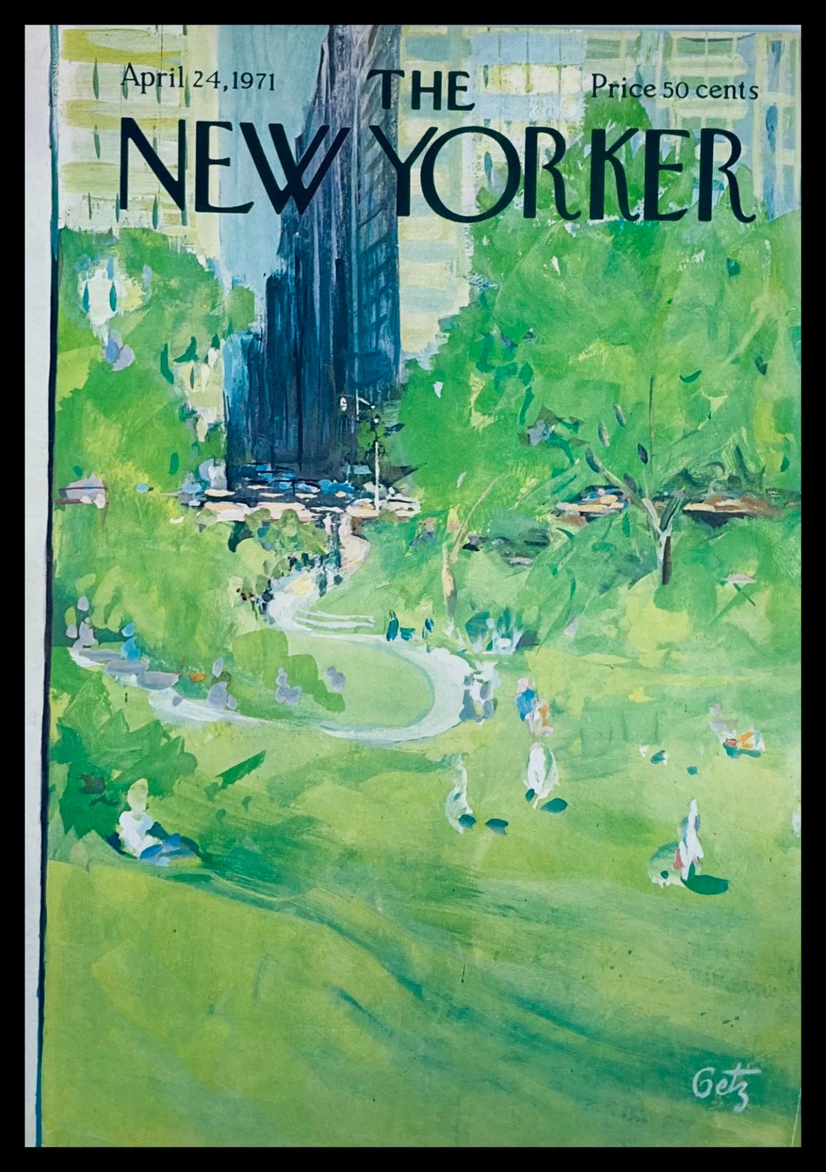 Cover of The New Yorker dated April 24, 1971, featuring a vibrant illustration of Central Park by Arthur Getz, depicting lush greenery and park visitors.