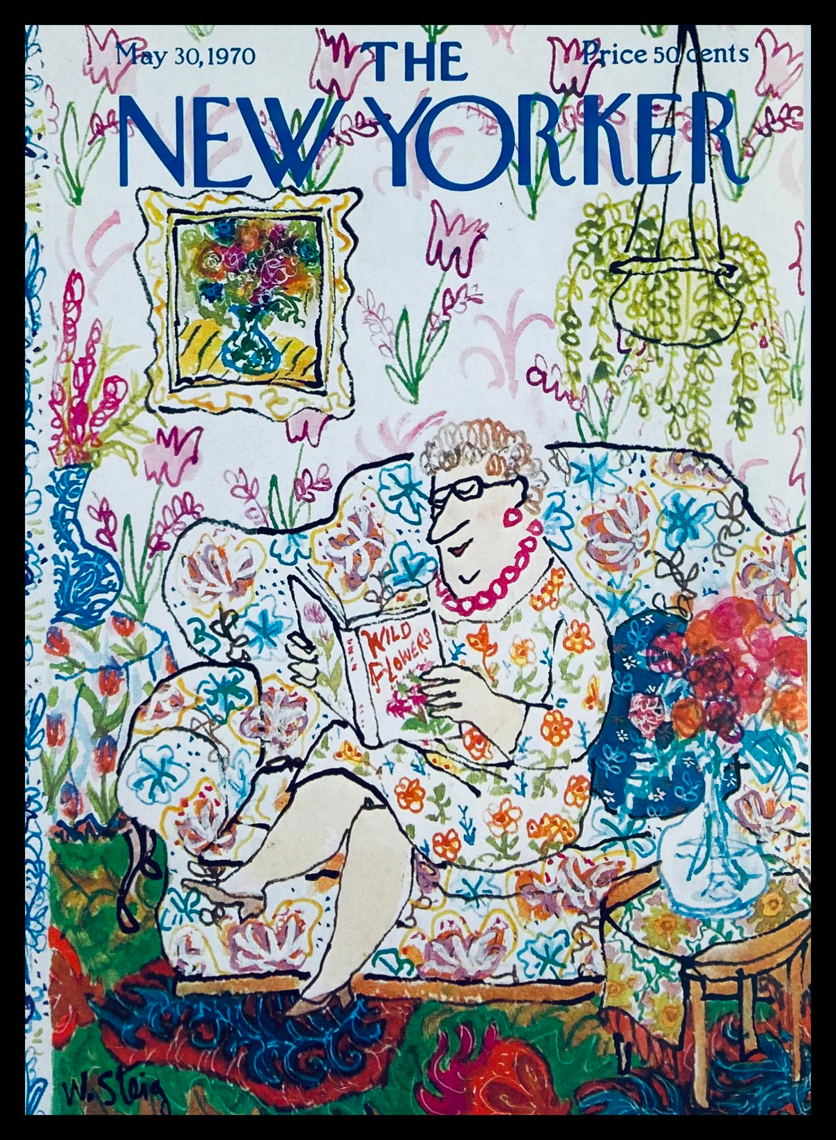 Cover of The New Yorker, May 30, 1970, featuring whimsical artwork by William Steig, depicting a woman reading 'Wild Flowers' in a colorful, floral-themed living room.