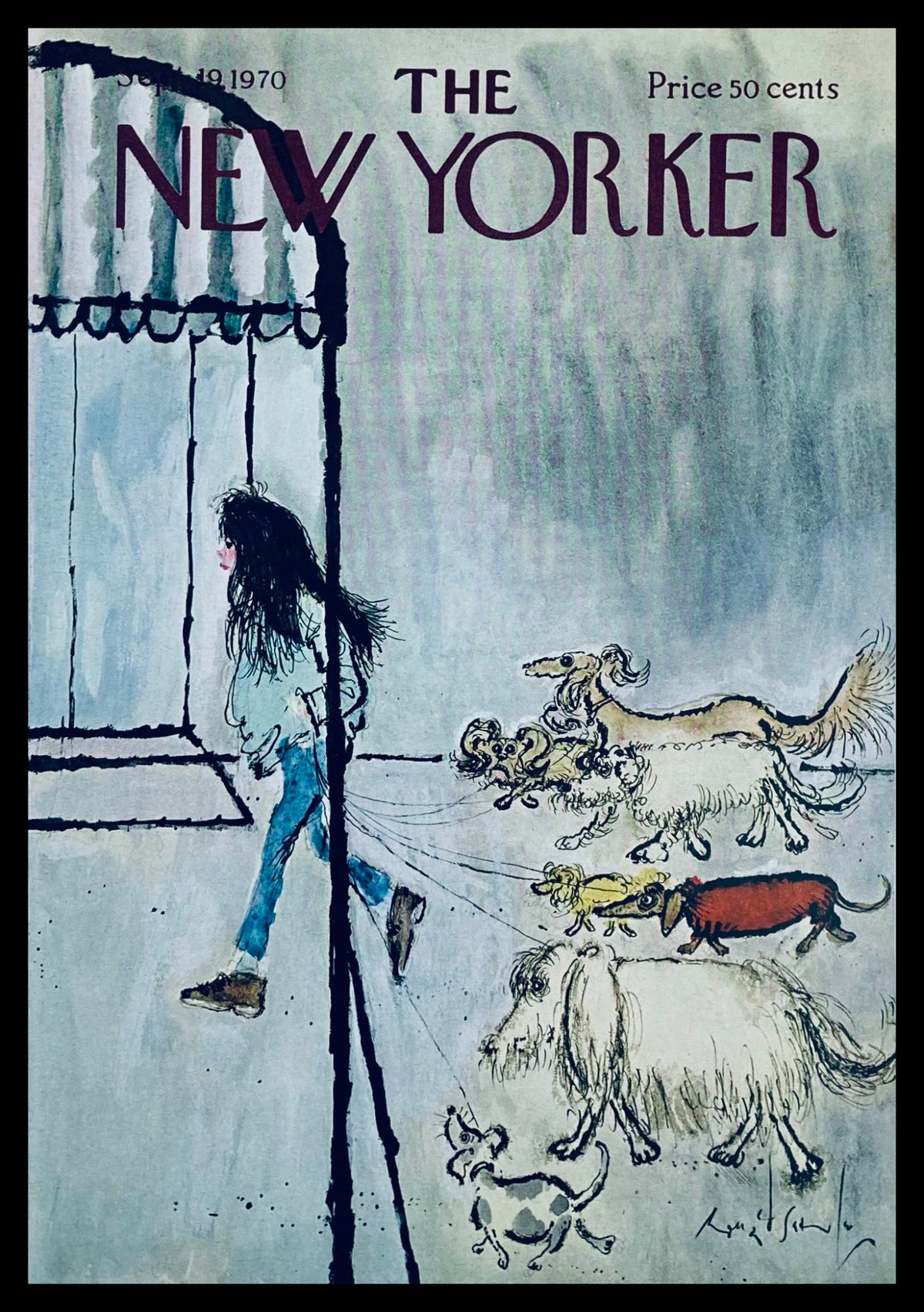 The New Yorker Cover from September 19, 1970, titled 'Miss Dogwalker' by Ronald Searle, featuring a whimsical illustration of a woman walking a pack of dogs.