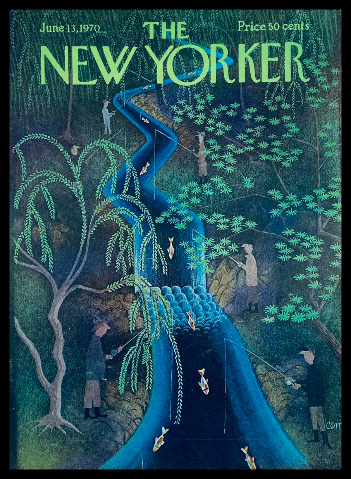 Cover art from The New Yorker, June 13, 1970, featuring a serene fishing scene with anglers near a flowing river, highlighted by lush greenery and fish swimming in the water.