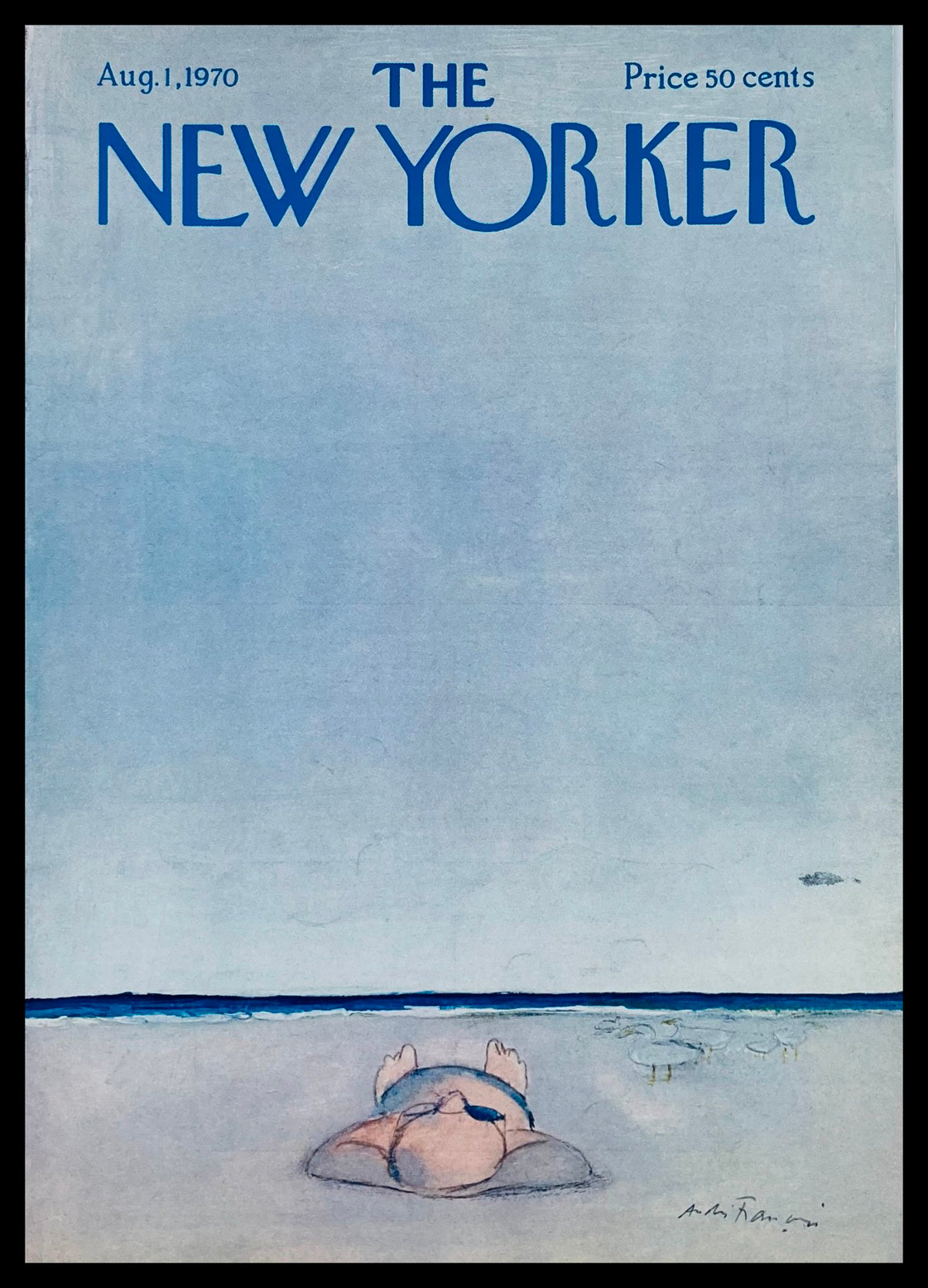 Cover of The New Yorker magazine, August 1, 1970, featuring the illustration 'The Beach' by Andre Francois, depicting a person lying on the sand under a clear blue sky.