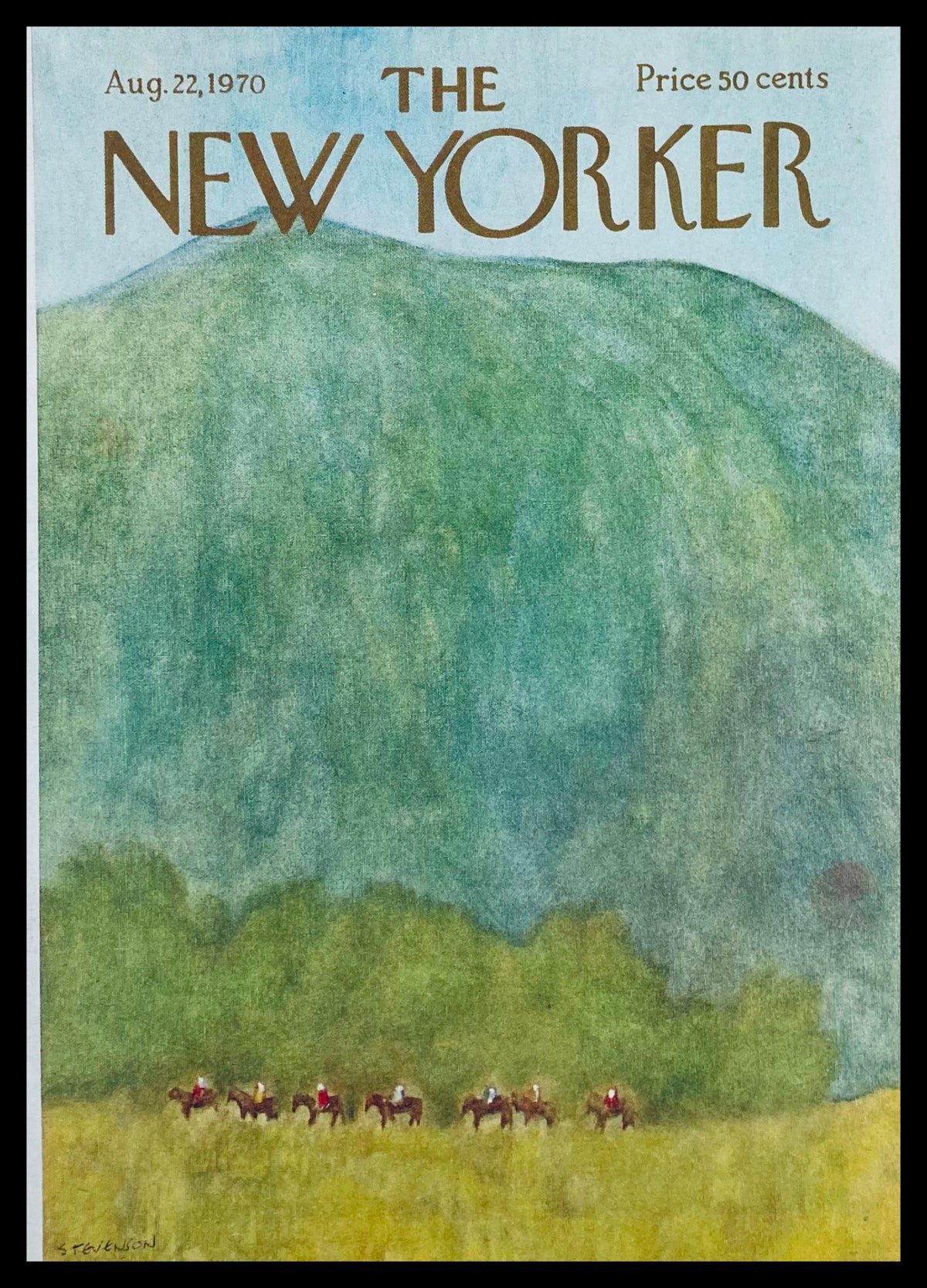 The New Yorker August 22 1970 cover artwork featuring a serene mountain landscape with riders on horseback, titled 'Mountain Trail' by James Stevenson. A vintage magazine cover ideal for art lovers and collectors.