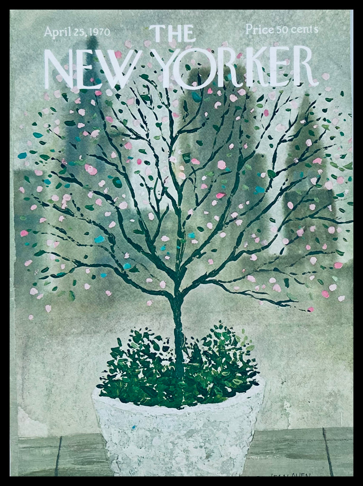 Cover of The New Yorker dated April 25, 1970, featuring artwork titled 'Empty Plant' by Laura Jean Allen, showcasing a tree in a pot with pink blossoms and a green background.