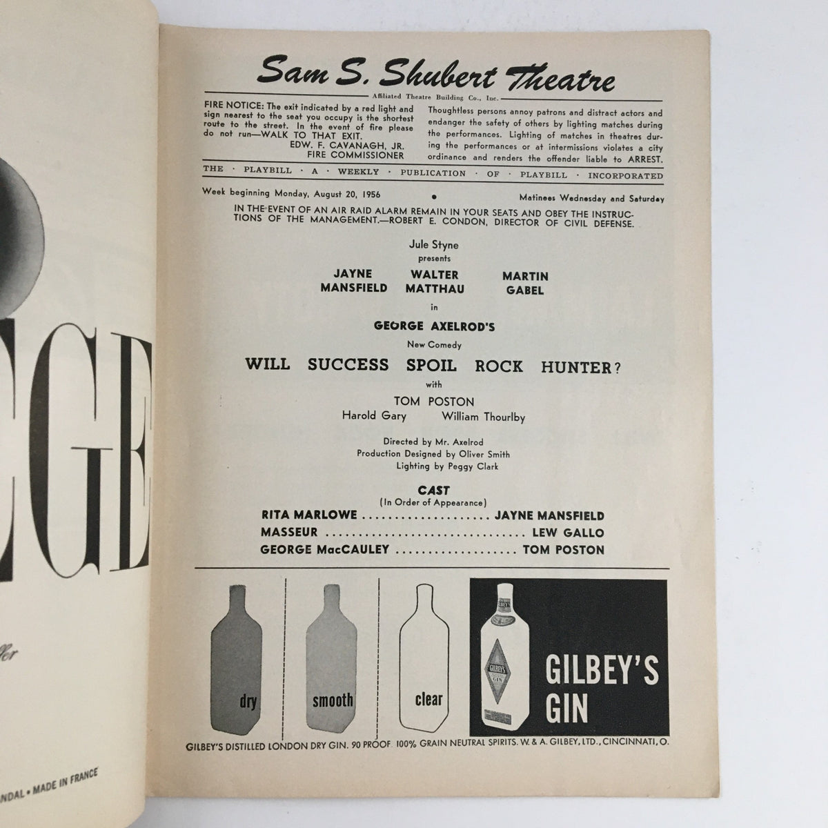 Inside page of the 1956 Playbill for the Sam Shubert Theatre presenting cast and production details for 'Will Success Spoil Rock Hunter?'