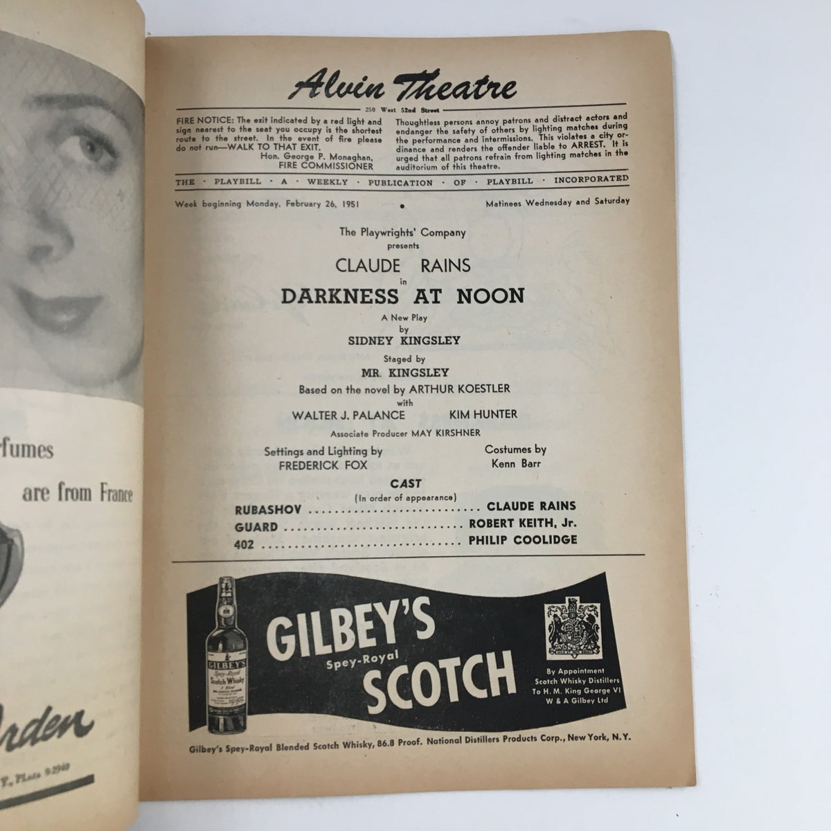 Inside page of the 1951 Playbill for 'Darkness at Noon', featuring cast details and production information.
