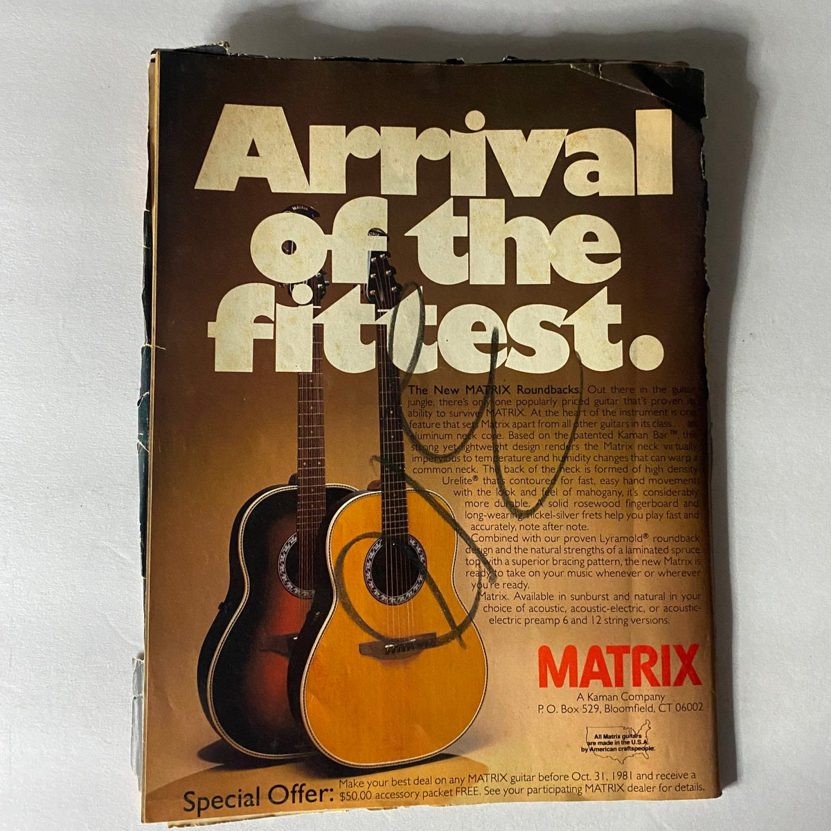 Back cover of the VTG Circus Magazine September 30 1981 displaying an advertisement for the Matrix Roundbacks guitars, emphasizing their durability and superior design.