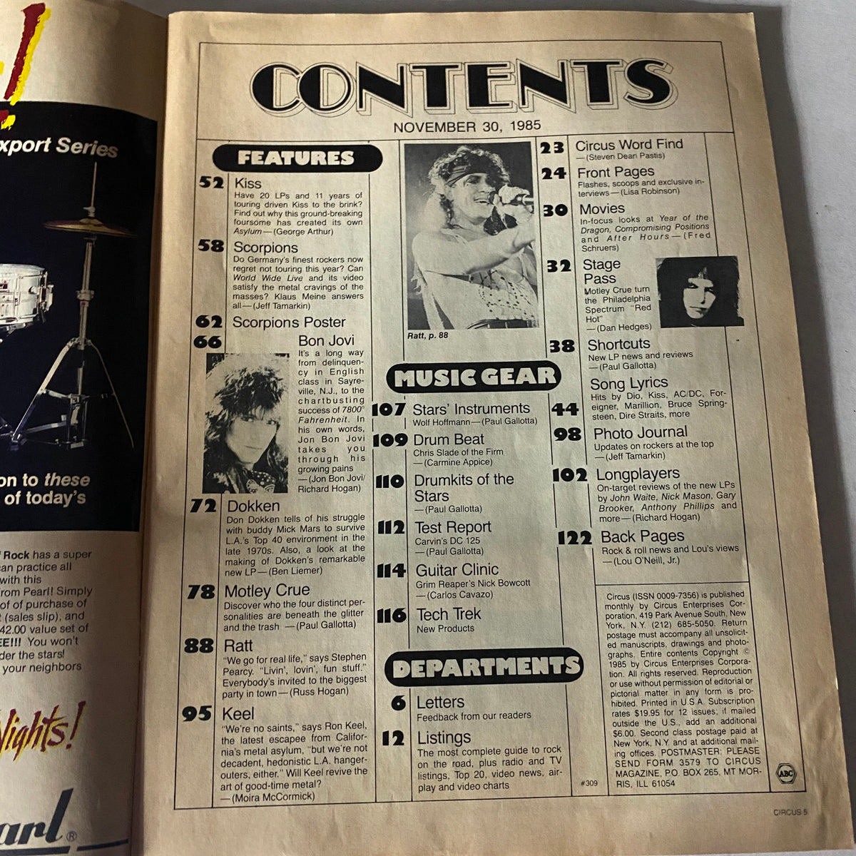 Contents page of the Vintage Circus Magazine from November 30, 1985, showcasing features including Bon Jovi's poster and articles related to popular music of the era. VTG Circus Magazine November 30 1985 Kon Bon Jovi w Centerfold No Label.