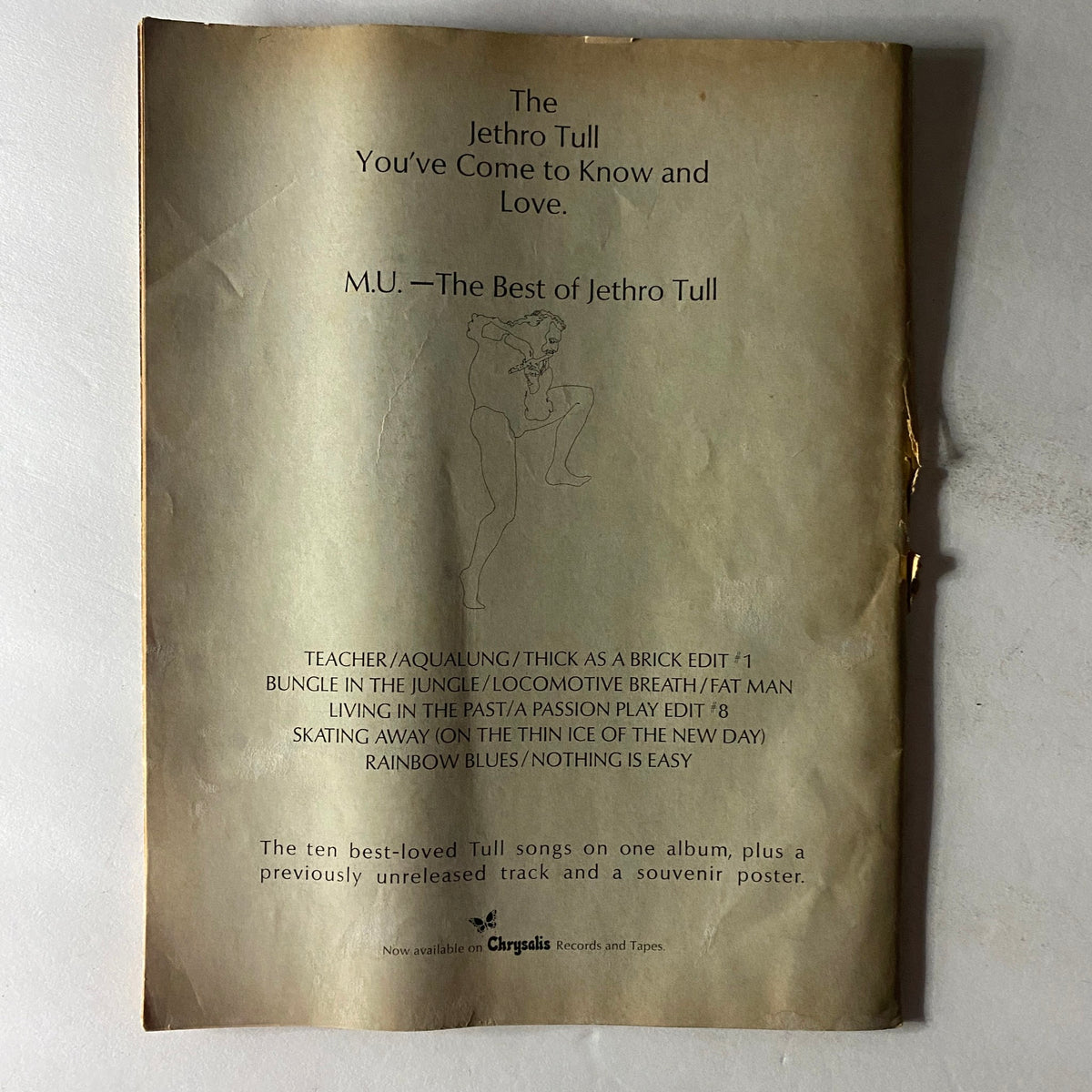 Cover of M.U. - The Best of Jethro Tull album advertisement featuring the tracklist and classic Jethro Tull imagery.