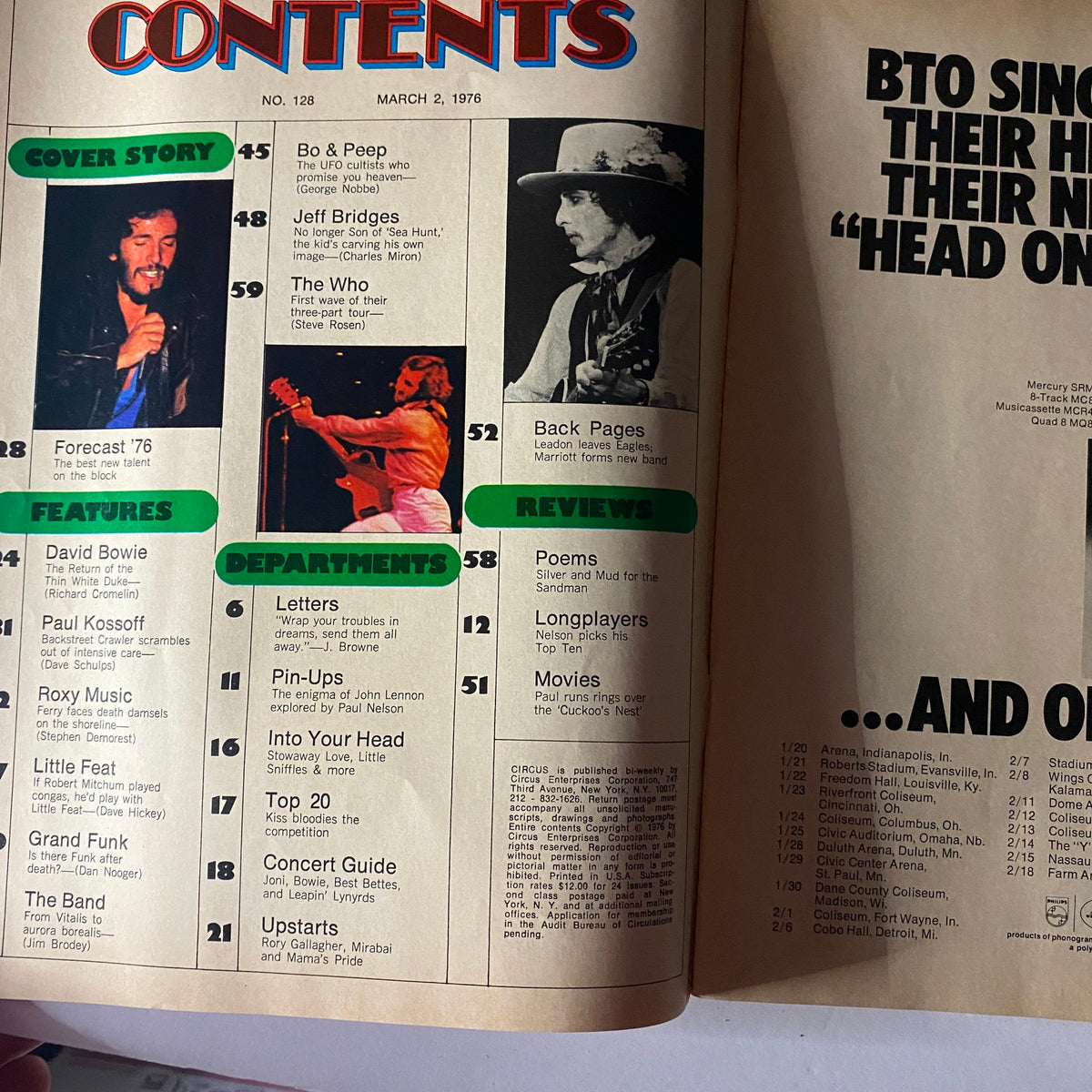 Contents page of VTG Circus Magazine March 2 1976, showcasing articles about various music artists, including a feature on Bruce Springsteen and an overview of magazine sections.