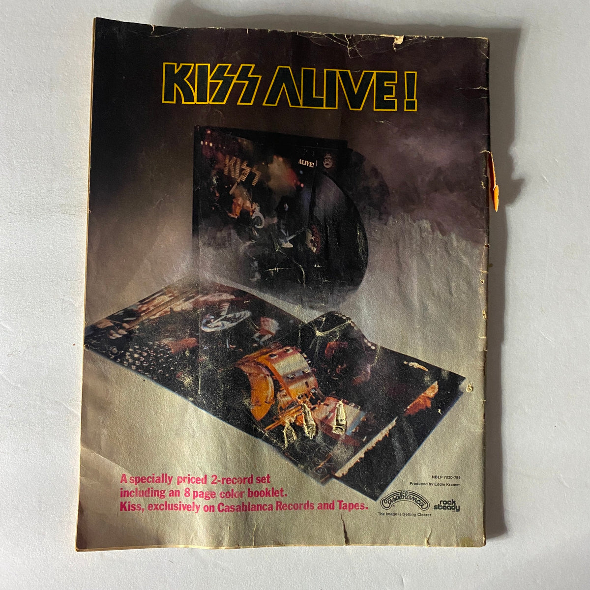 Back cover of VTG Circus Magazine January 20 1976 featuring the advertisement for Kiss Alive!, a classic two-record set.