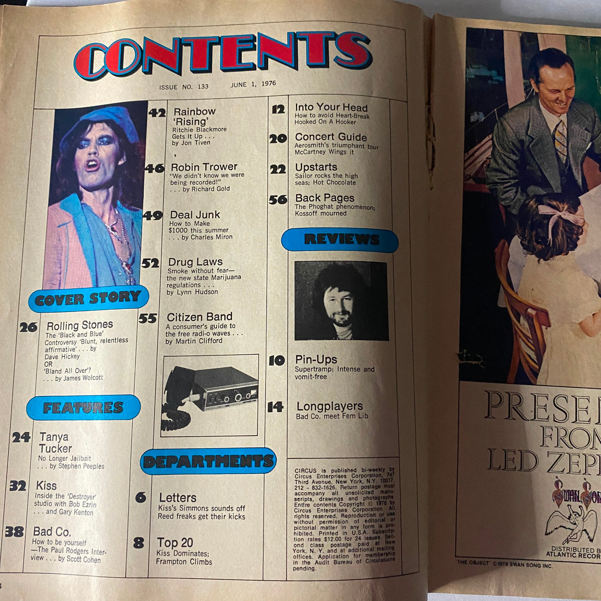 Interior page of the VTG Circus Magazine June 1 1976 with the contents list, reflecting popular music trends and features from that era.