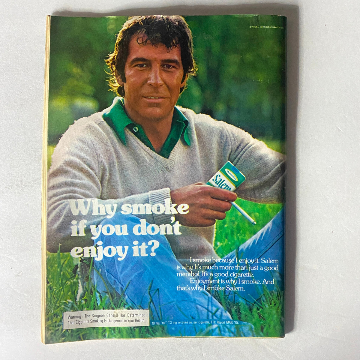 Back cover of Crawdaddy Magazine September 1975 showcasing a cigarette advertisement featuring a man promoting Salem cigarettes. The image presents a nostalgic view of advertising in the 70s.
