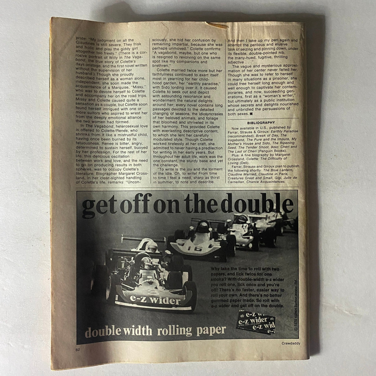 Crawdaddy Magazine October 1975 with Bruce Springsteen, displaying the back cover advertisement for e-z wider rolling paper and additional text related to the magazine's content.