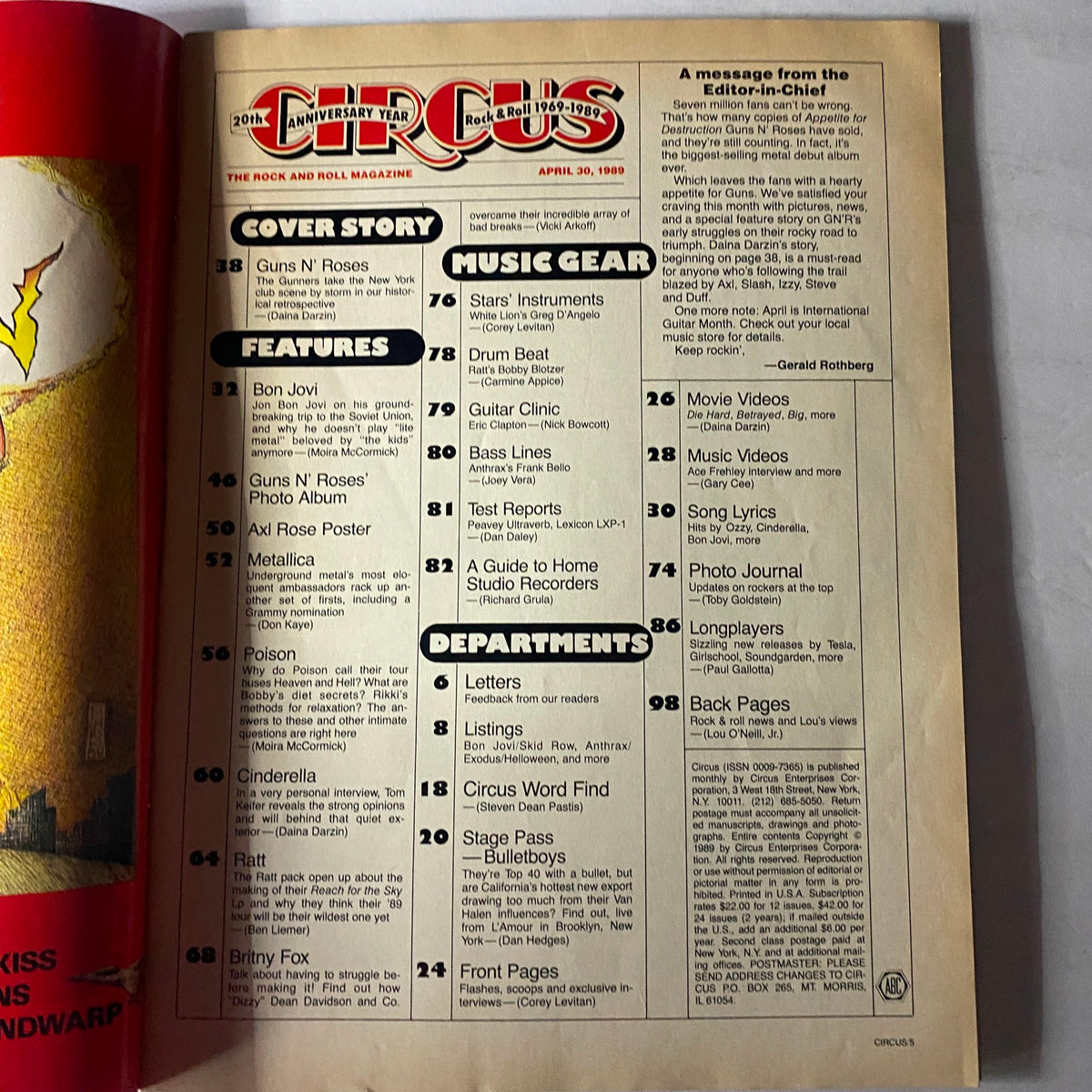 Inside page of the VTG Circus Magazine April 30, 1989, displaying the contents table with featured articles on Guns N' Roses, Bon Jovi, and more.