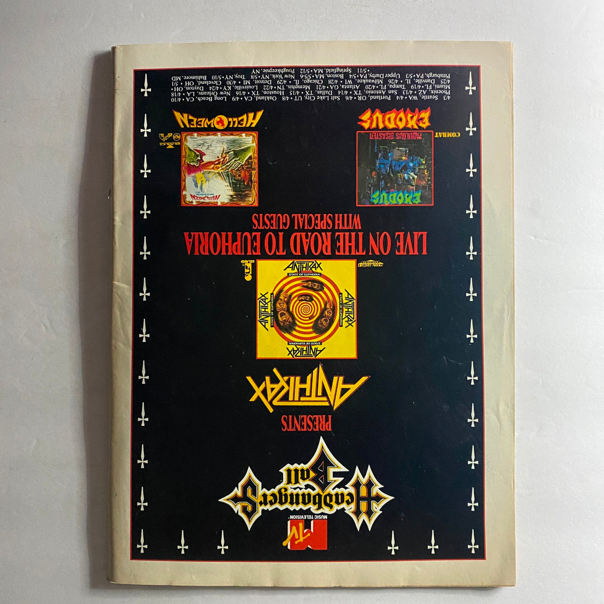 Back cover of the VTG Circus Magazine April 30, 1989; featuring promotional details and advertisements related to rock music events and bands.