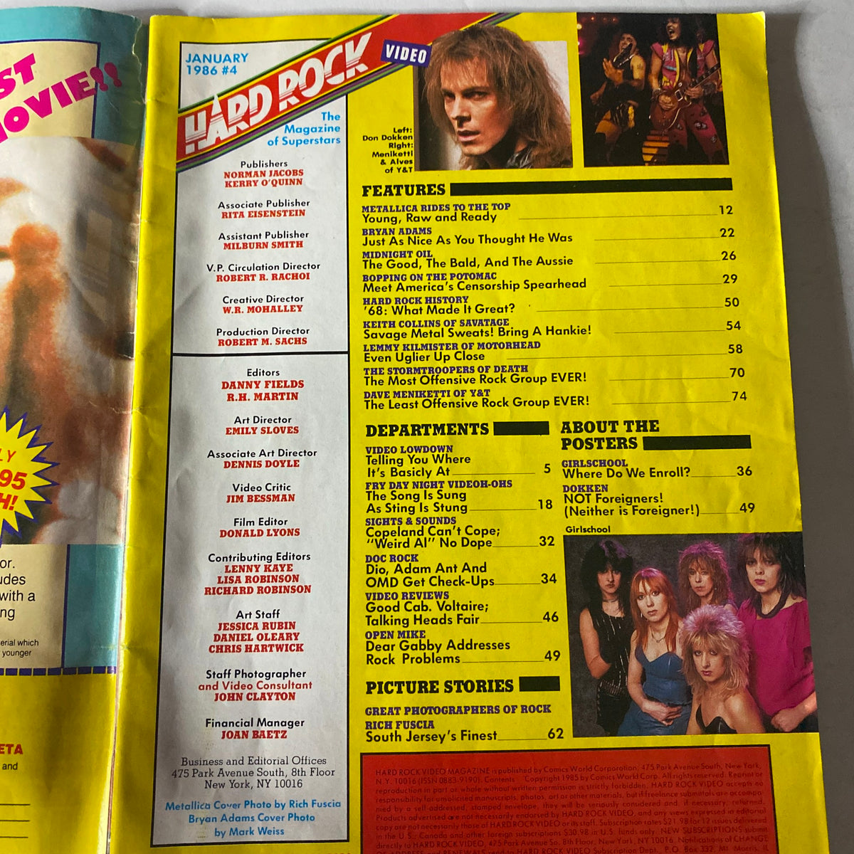 Table of contents for Hard Rock Video Magazine January 1986. Featuring articles on Metallica, Bryan Adams, and various rock music highlights from the era.