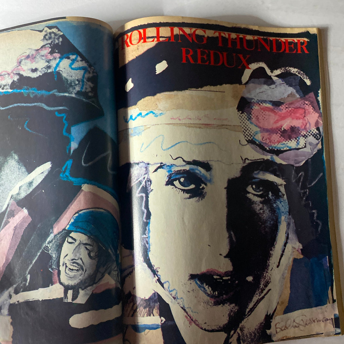 Artistic spread titled 'Rolling Thunder Redux' from the VTG Rock Magazine January 1977 Vol 2 No. 1 Lou Reed, featuring creative illustrations and images related to musical performances.