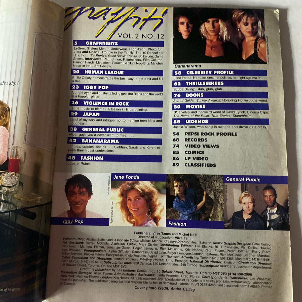 Interior page of Vintage Graffiti Magazine Vol 2 No. 12, listing articles about Bananarama, Iggy Pop, and General Public, highlighting the vibrant music scene.