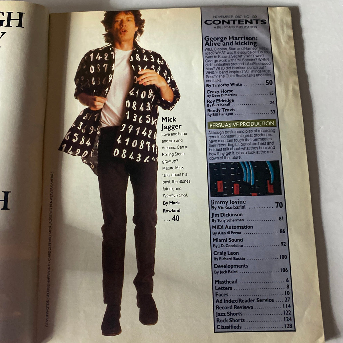 Contents page of VTG Musician Magazine, November 1987, Issue No. 109, featuring George Harrison and Mick Jagger, with articles and interviews about the music industry.