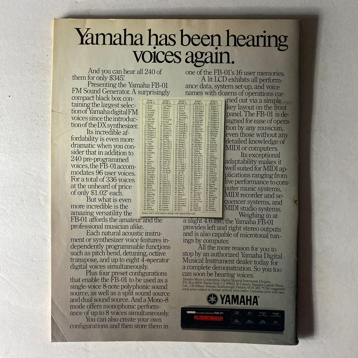 Back cover of VTG Musician Magazine, November 1987, Issue No. 109, promoting the Yamaha FB-01 sound generator, showcasing its features and versatility.