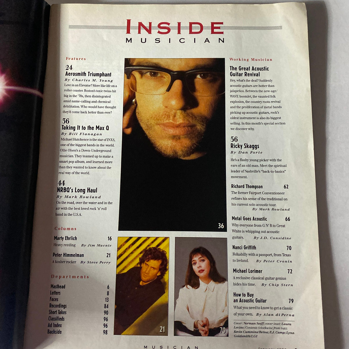Inside page of January 1990 Musician Magazine No. 135 showcasing features, including an article on Aerosmith, various contributors, and other important music industry topics relevant to the era.
