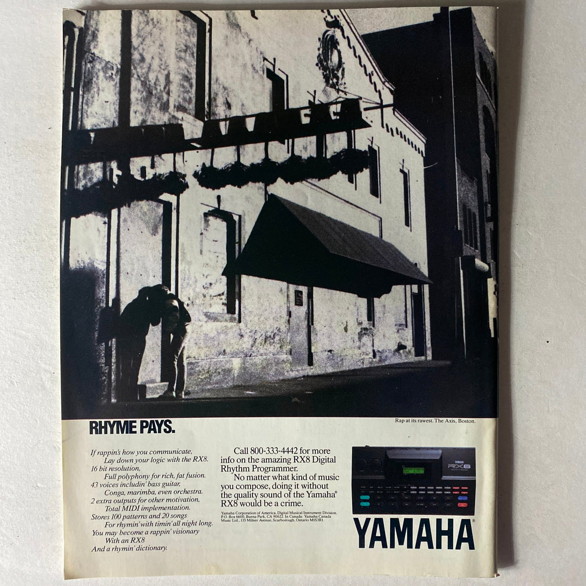 Vintage advertisement for Yamaha RX8 Digital Rhythm Programmer, featured in Musician Magazine, January 1990 issue showcasing the music industry of the early 90s.