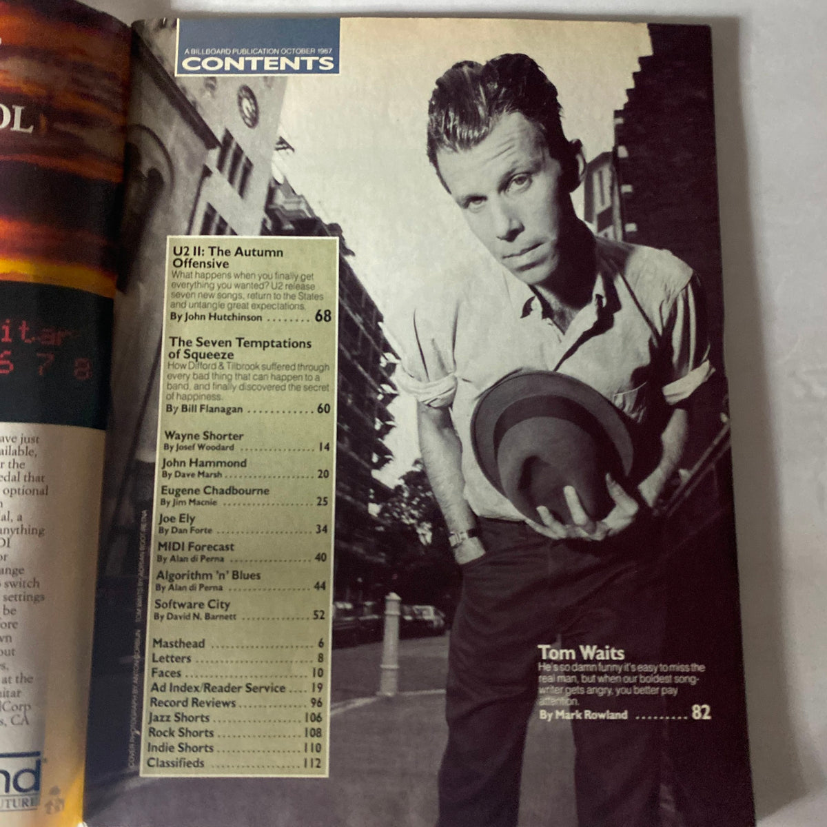Contents page from Musician Magazine October 1987, featuring articles including 'U2 II: The Autumn Offensive' and 'The Seven Temptations of Squeeze'.