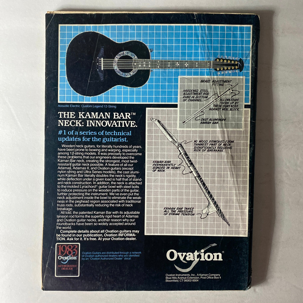 Back cover of VTG Musician Magazine May 1983 No. 55 featuring an advertisement for Ovation guitars, highlighting technical updates and guitar innovations.