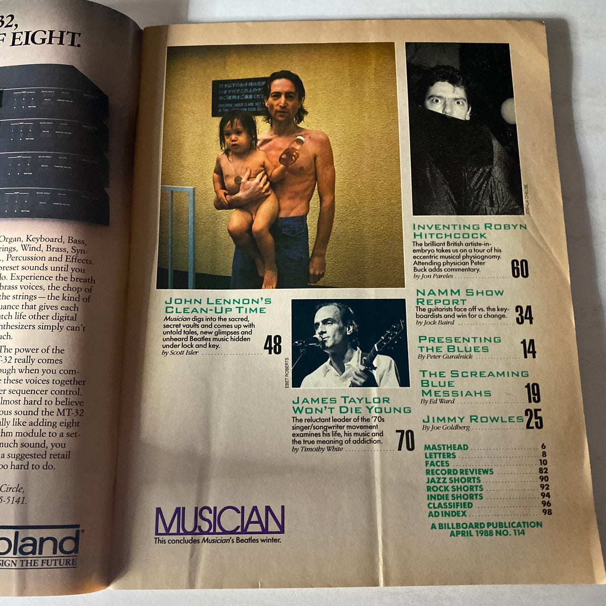 Inside page of VTG Musician Magazine April 1988 No. 114 highlighting the article 'John Lennon's Clean-Up Time' with a captivating image.
