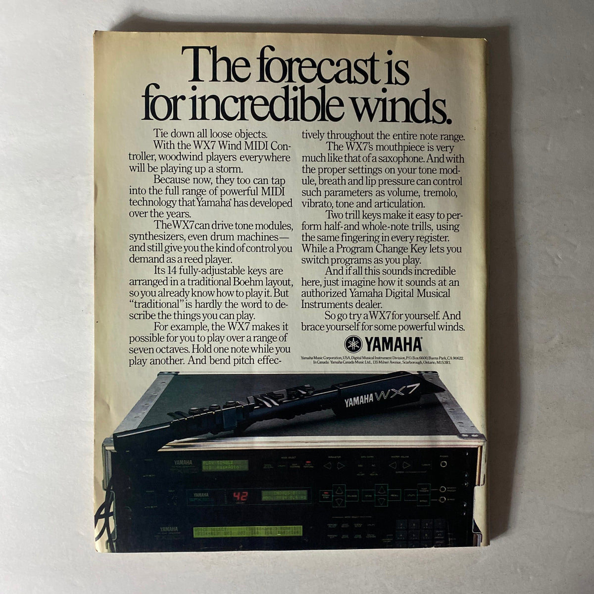 Back page advertisement from VTG Musician Magazine April 1988 No. 114 showcasing the Yamaha WX7 Wind MIDI Controller with informative text.