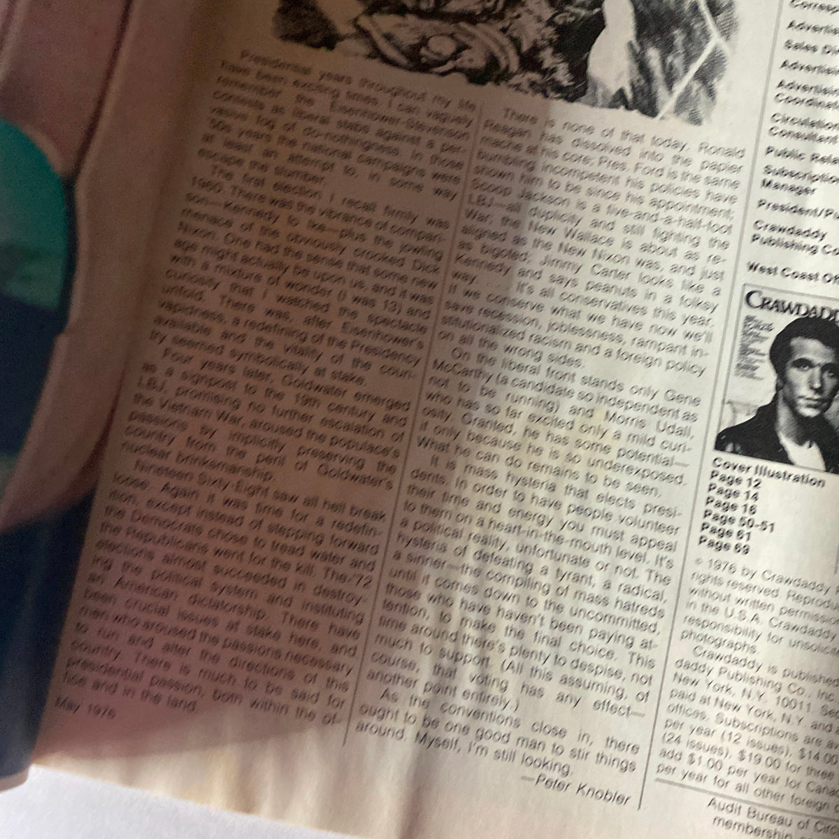 Inside page of VTG Crawdaddy Magazine May 1976, showcasing text discussing political and cultural themes alongside vintage magazine features.