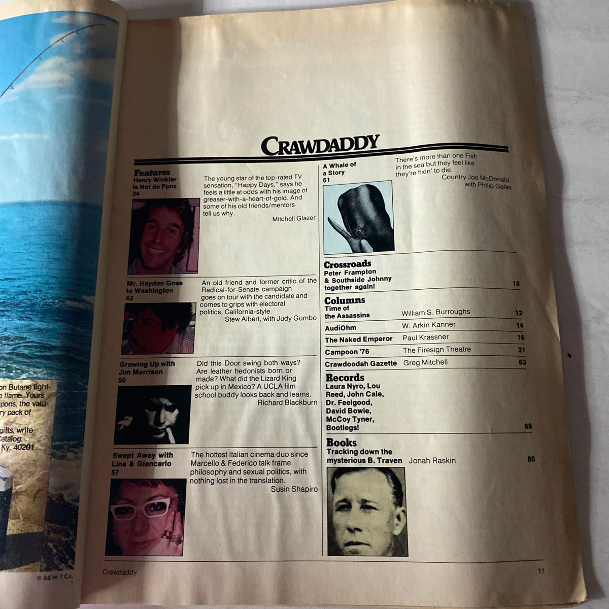 Contents page of VTG Crawdaddy Magazine May 1976, listing articles and features including Henry Winkler and Jim Morrison.